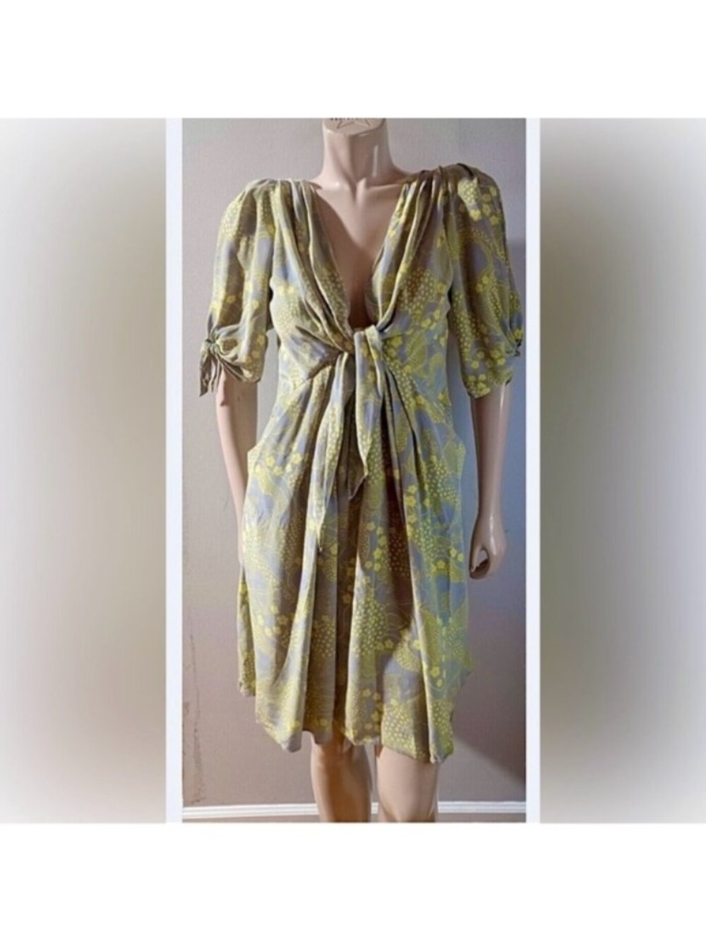 Anthropologie Yoana Baraschi Bijoux Doux Silk Gray Yellow Floral Dress Medium